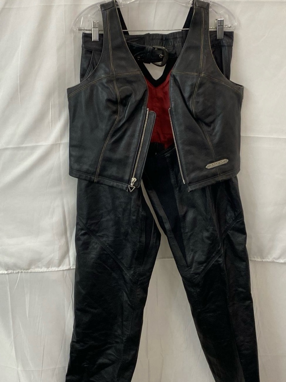 Harley-Davidson Black Leather Pants and Vest with Red Accent